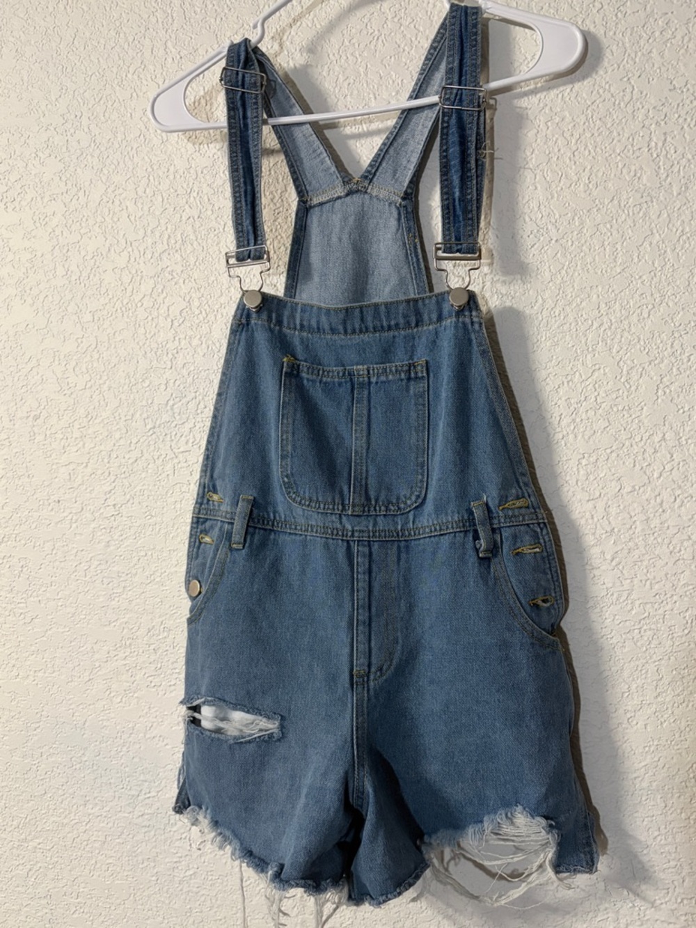 Sadie & Sage Blue Denim Distressed cut off Short Overalls
